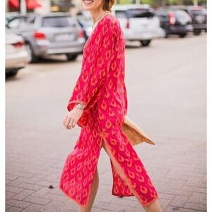 CALYPSO ST. BARTH Caftan‎ Sz 0 Pink Orange Ikat Abana Beaded Boho Dress Coverup